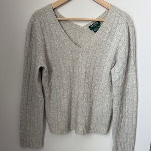 Lauren Ralph Lauren Gray Cashmere V-Neck Sweater Size LP Petite Luxury Kni
